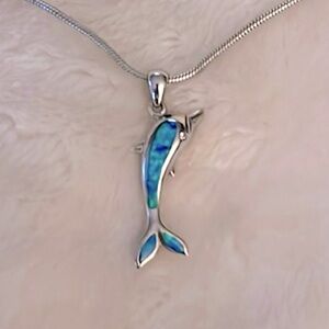 NWOT 🐬 16-18” STAMPED .925 SILVER AUSTRALIAN OPAL PENDANT SNAKE CHAIN NECKLACE
